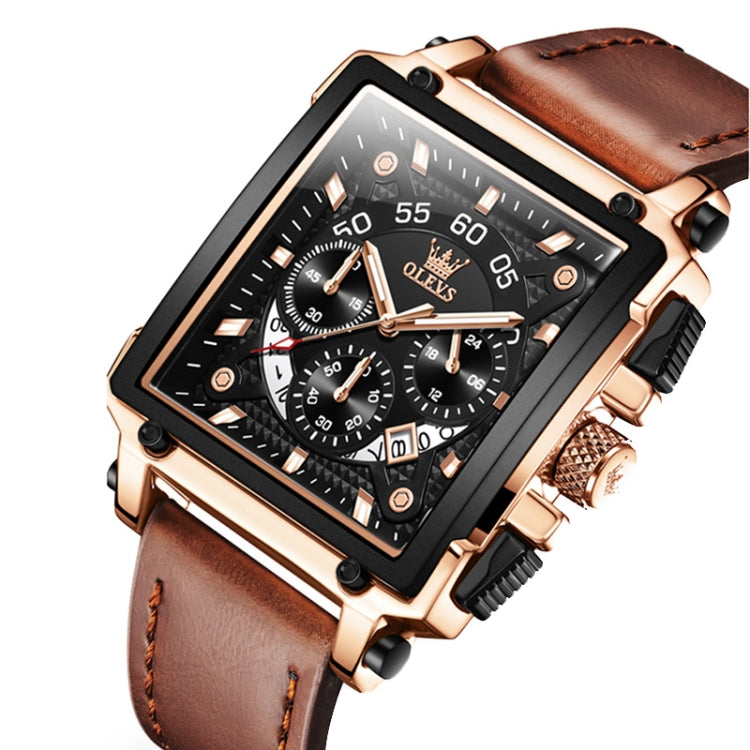 OLEVS 9919 Square Dial Chronograph Luminous Quartz Watch for Men(Brown Leather Rose Shell Black Surface) - Leather Strap Watches by OLEVS | Online Shopping South Africa | PMC Jewellery | Buy Now Pay Later Mobicred