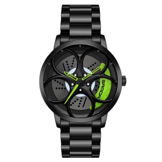 SANDA 1070 3D Oval Hollow Out Wheel Non-rotatable Dial Quartz Watch for Men, Style:Steel Belt(Black Green) - Metal Strap Watches by SANDA | Online Shopping South Africa | PMC Jewellery | Buy Now Pay Later Mobicred