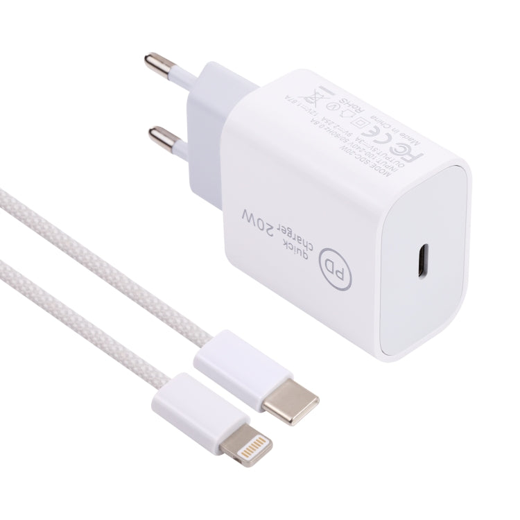 SDC-20W PD USB-C / Type-C Travel Charger + 1m 20W USB-C / Type-C to 8 Pin Data Cable Set, EU Plug(White) - free shipping - PMC TechLife - Order now!