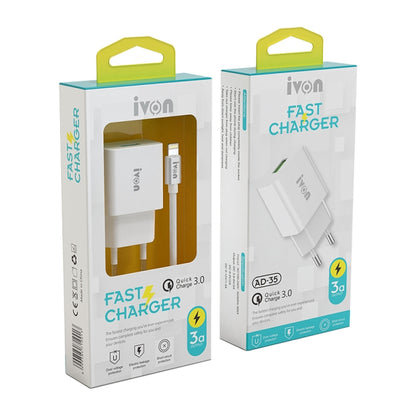 IVON AD-35 2 in 1 18W QC3.0 USB Port Travel Charger + 1m USB to 8 Pin Data Cable Set, EU Plug(White) - USB Charger by IVON | Online Shopping South Africa | PMC Jewellery