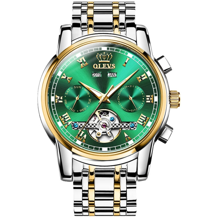 OLEVS 6607 Multi-function Men Big Flywheel Automatic Waterproof Mechanical Watch(Silver Gold Green) - Metal Strap Watches by OLEVS | Online Shopping South Africa | PMC Jewellery | Buy Now Pay Later Mobicred