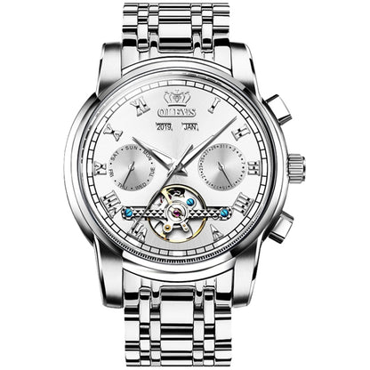 OLEVS 6607 Multi-function Men Big Flywheel Automatic Waterproof Mechanical Watch(White) - Metal Strap Watches by OLEVS | Online Shopping South Africa | PMC Jewellery | Buy Now Pay Later Mobicred