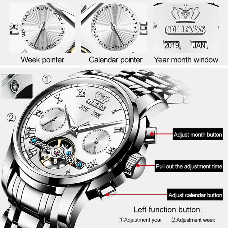 OLEVS 6607 Multi-function Men Big Flywheel Automatic Waterproof Mechanical Watch(White) - Metal Strap Watches by OLEVS | Online Shopping South Africa | PMC Jewellery | Buy Now Pay Later Mobicred