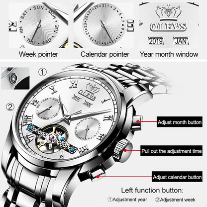 OLEVS 6607 Multi-function Men Big Flywheel Automatic Waterproof Mechanical Watch(White) - Metal Strap Watches by OLEVS | Online Shopping South Africa | PMC Jewellery | Buy Now Pay Later Mobicred