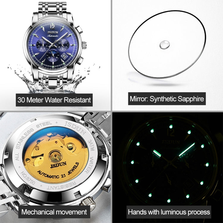 JIN SHI DUN 8750 Men Fashion Waterproof Luminous Mechanical Watch(Silver Blue) - Metal Strap Watches by JIN SHI DUN | Online Shopping South Africa | PMC Jewellery | Buy Now Pay Later Mobicred