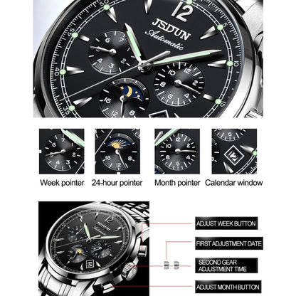 JIN SHI DUN 8750 Men Fashion Waterproof Luminous Mechanical Watch(Silver White) - Metal Strap Watches by JIN SHI DUN | Online Shopping South Africa | PMC Jewellery | Buy Now Pay Later Mobicred