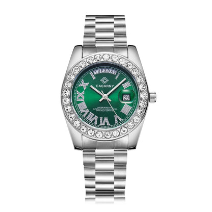 CAGARNY 6886 Diamond-encrusted Roman Numeral Dial Quartz Watch for Men(Silver Shell Green Dial) - Metal Strap Watches by CAGARNY | Online Shopping South Africa | PMC Jewellery | Buy Now Pay Later Mobicred