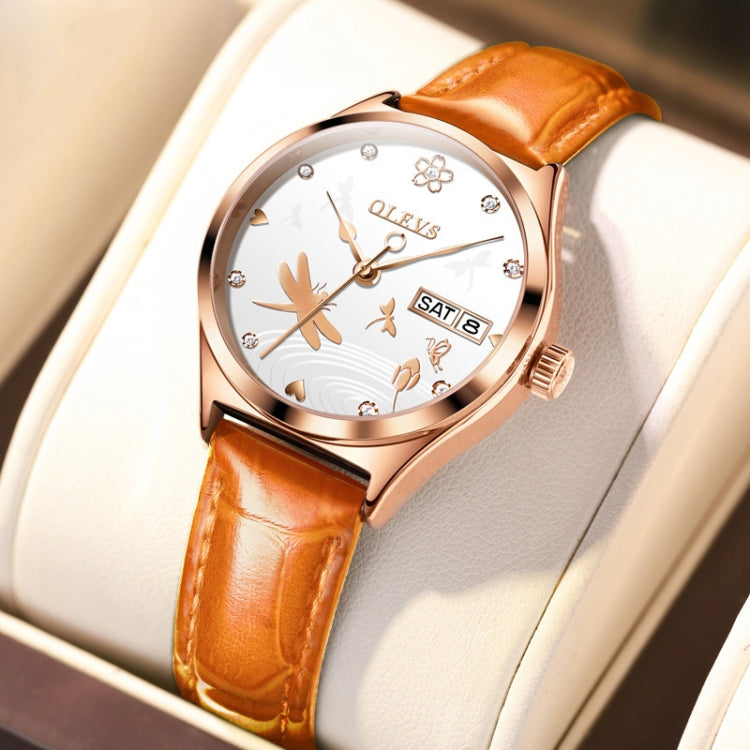 OLEVS 6611 Dragonfly Dual Calendar Mechanical Ladies Watch(Orange) - Leather Strap Watches by OLEVS | Online Shopping South Africa | PMC Jewellery | Buy Now Pay Later Mobicred