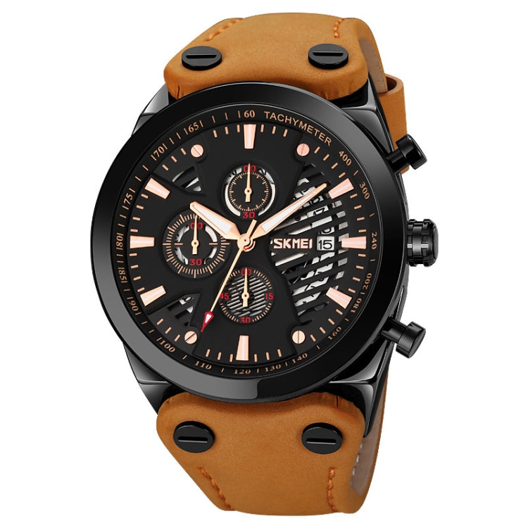 SKMEI 9282 Stainless Steel Buckle Leather Strap Waterproof Quartz Watch(Brown Belt Black Surface) - Leather Strap Watches by SKMEI | Online Shopping South Africa | PMC Jewellery | Buy Now Pay Later Mobicred