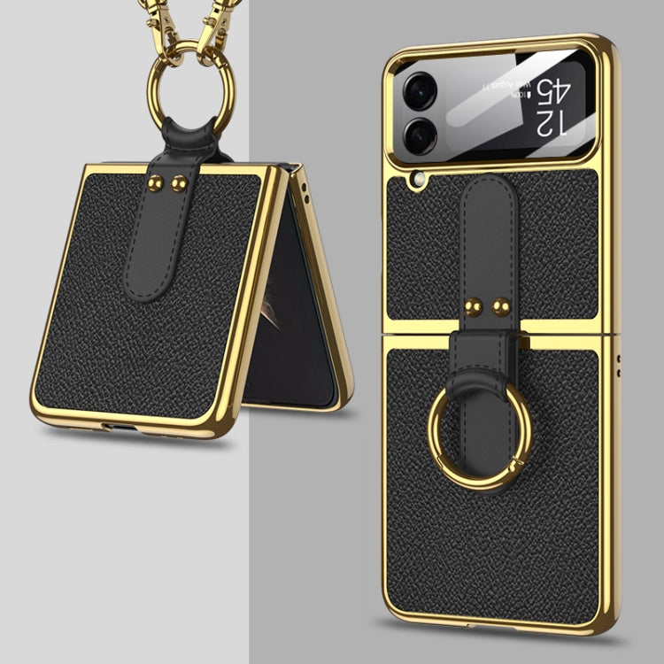 For Samsung Galaxy Z Flip4 GKK Plating + Leather Phone Case with Ring & Strap(Black) - Galaxy Z Flip4 5G Cases by GKK | Online Shopping South Africa | PMC Jewellery