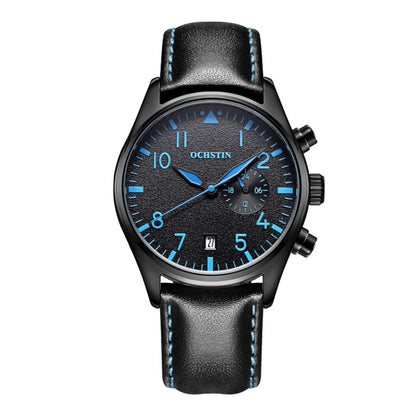 Ochstin 5043C Multifunctional Business Waterproof Leather Strap Quartz Watch(Black+Black+Blue) - Leather Strap Watches by OCHSTIN | Online Shopping South Africa | PMC Jewellery | Buy Now Pay Later Mobicred