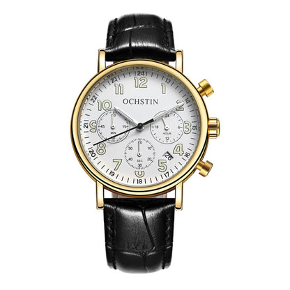 Ochstin 5081A Multifunctional Luminous Waterproof Leather Strap Quartz Watch(Gold+White+Black) - Leather Strap Watches by OCHSTIN | Online Shopping South Africa | PMC Jewellery | Buy Now Pay Later Mobicred