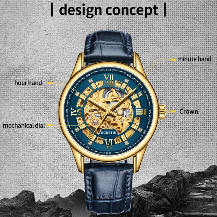 OCHSTIN 6020D Masterpiece Hollow Mechanical Men Watch(Gold-Blue) - Leather Strap Watches by OCHSTIN | Online Shopping South Africa | PMC Jewellery | Buy Now Pay Later Mobicred