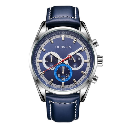 Ochstin 6046A Business Style Quartz Men Leather Watch(Silver+Blue) - Leather Strap Watches by OCHSTIN | Online Shopping South Africa | PMC Jewellery | Buy Now Pay Later Mobicred