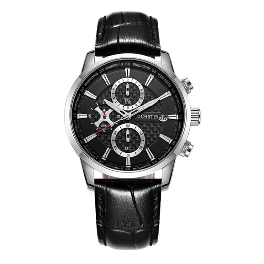 OCHSTIN 6085B Multifunctional Quartz Waterproof Men Leather Watch(Silver+Black) - Leather Strap Watches by OCHSTIN | Online Shopping South Africa | PMC Jewellery | Buy Now Pay Later Mobicred