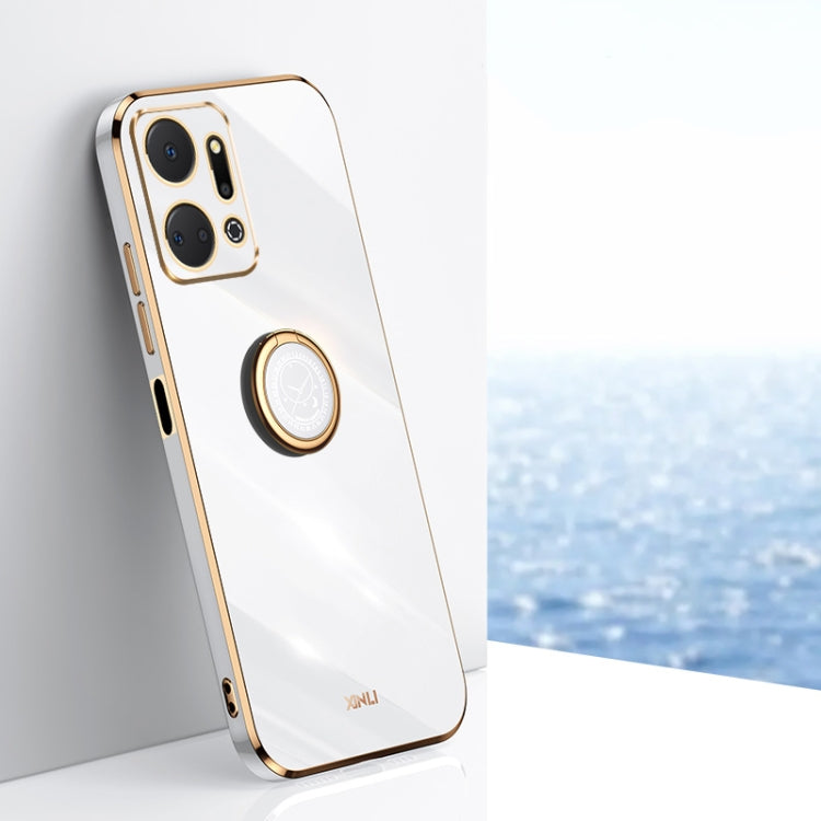 For Honor X7a 2023 XINLI Straight Edge 6D Electroplate TPU Phone Case with Ring Holder(White) - Honor Cases by XINLI | Online Shopping South Africa | PMC TechLife | Buy Now Pay Later Mobicred