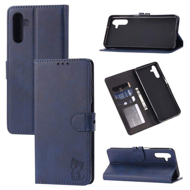 For Samsung Galaxy A14 5G Embossed Happy Cat Pattern Flip Leather Phone Case(Blue) - free shipping - PMC TechLife - Order now!