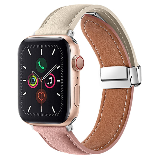 Folding Buckle Genuine Leather Watch Band For Apple Watch Series 8&7 41mm / SE 2&6&SE&5&4 40mm / 3&2&1 38mm(White + Pink) -  by PMC Jewellery | Online Shopping South Africa | PMC Jewellery