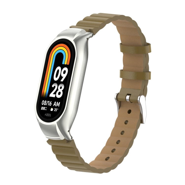For Xiaomi Mi Band 8 Integrated Metal Case + Bamboo Leather Watch Band(Saddle) - Smart Wear by PMC TechLife | Online Shopping South Africa | PMC TechLife