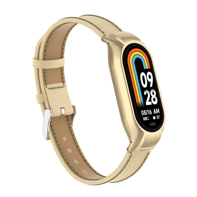 For Xiaomi Mi Band 8 Integrated Metal Case + Microfiber Sewing Leather Watch Band(Champagne) - Smart Wear by PMC Jewellery | Online Shopping South Africa | PMC Jewellery