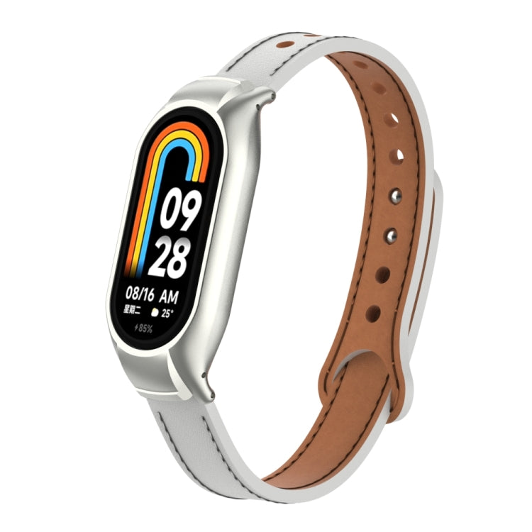 For Xiaomi Mi Band 8 Integrated Metal Case + Double Nail Microfiber Leather Watch Band(White) - Smart Wear by PMC TechLife | Online Shopping South Africa | PMC TechLife
