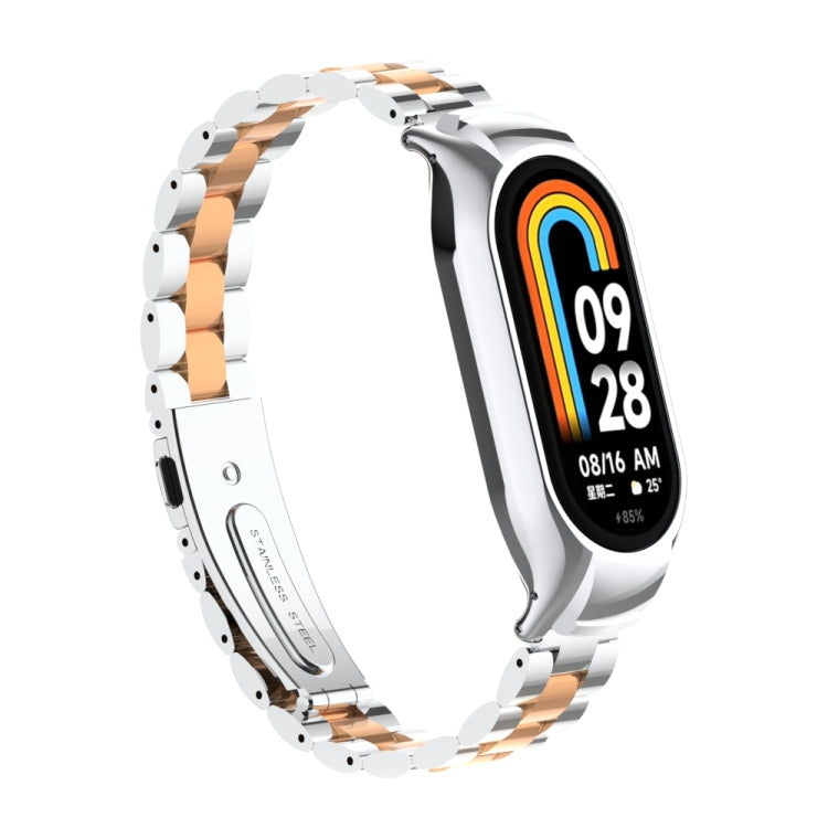 For Xiaomi Mi Band 8 Integrated Metal Case + Three-bead Watch Band(Silver+Rose Gold) - Smart Wear by PMC Jewellery | Online Shopping South Africa | PMC Jewellery