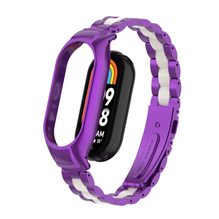 For Xiaomi Mi Band 8 Integrated Metal Case + Three-bead Watch Band(Purple+White) - Smart Wear by PMC Jewellery | Online Shopping South Africa | PMC Jewellery