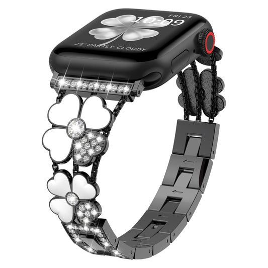 For Apple Watch SE 2022 44mm Petal Metal Diamond Watch Band(Black+White) -  by PMC Jewellery | Online Shopping South Africa | PMC Jewellery