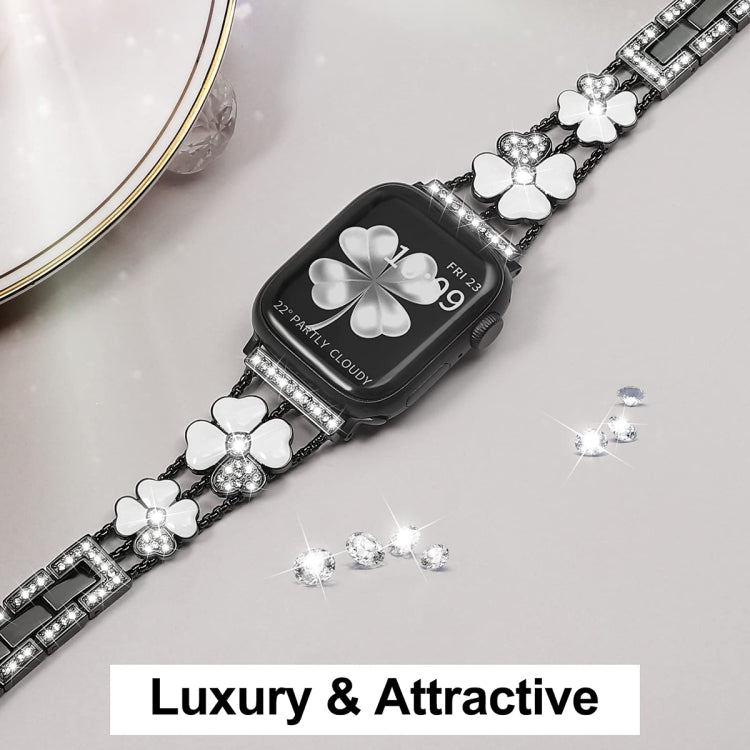 For Apple Watch SE 2022 44mm Petal Metal Diamond Watch Band(Black+White) -  by PMC Jewellery | Online Shopping South Africa | PMC Jewellery