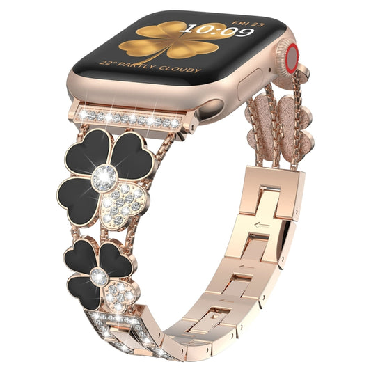 For Apple Watch SE 40mm Petal Metal Diamond Watch Band(Rose Gold+Black) -  by PMC Jewellery | Online Shopping South Africa | PMC Jewellery