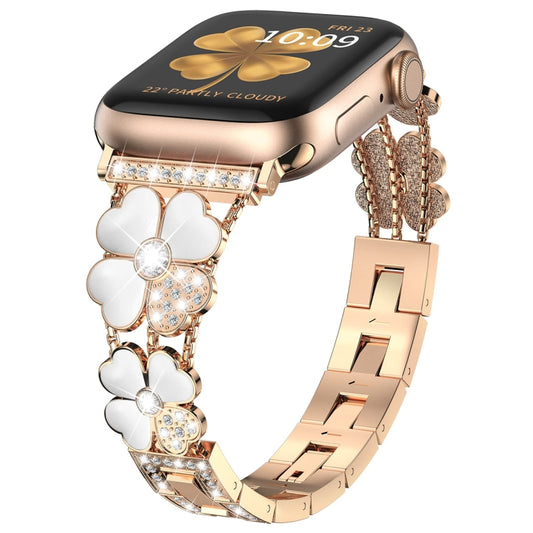 For Apple Watch SE 40mm Petal Metal Diamond Watch Band(Rose Gold+White) - Watch Bands by PMC Jewellery | Online Shopping South Africa | PMC Jewellery