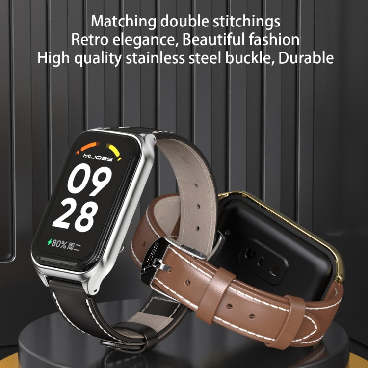 For Xiaomi Smart Band 8 Active / Redmi Band 2 Mijobs Metal Shell Genuine Leather Watch Band(Black Silver) - Watch Bands by MIJOBS | Online Shopping South Africa | PMC TechLife | Buy Now Pay Later Mobicred
