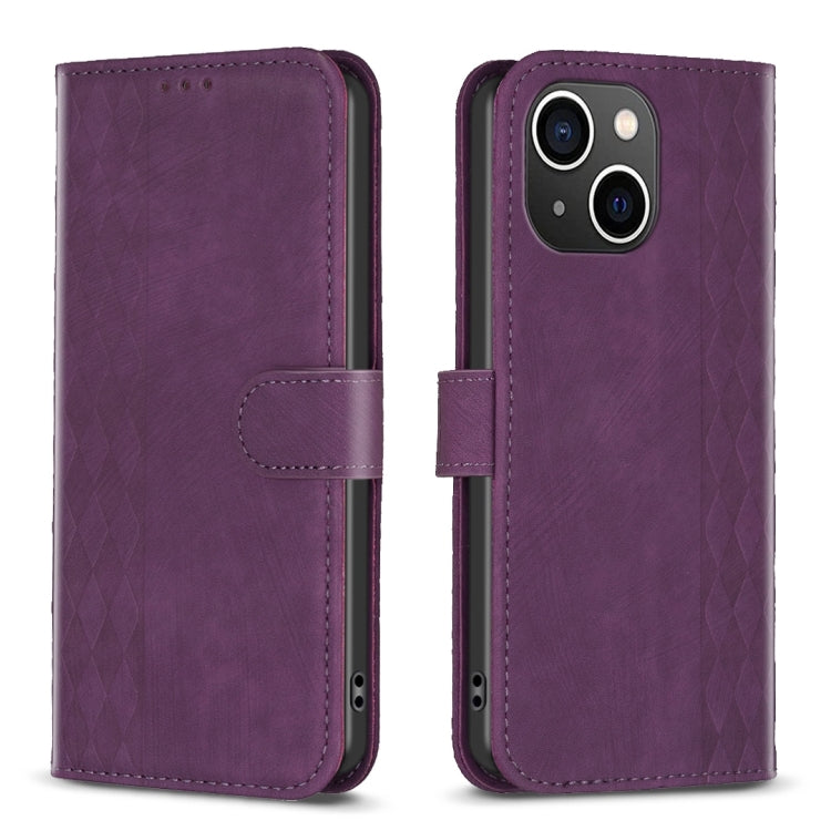 For iPhone 13 Plaid Embossed Leather Phone Case(Purple) - iPhone 13 Cases by PMC Jewellery | Online Shopping South Africa | PMC Jewellery