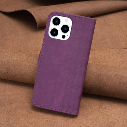 For iPhone 13 Pro Max Plaid Embossed Leather Phone Case(Purple) - iPhone 13 Pro Max Cases by PMC Jewellery | Online Shopping South Africa | PMC Jewellery