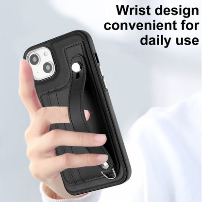 For iPhone 14 Plus Shockproof Leather Phone Case with Wrist Strap(Black) - iPhone 14 Plus Cases by PMC Jewellery | Online Shopping South Africa | PMC Jewellery