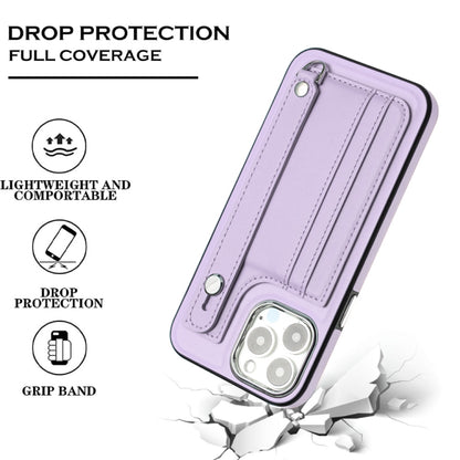 For iPhone 15 Pro Shockproof Leather Phone Case with Wrist Strap(Purple) - iPhone 15 Pro Cases by PMC Jewellery | Online Shopping South Africa | PMC Jewellery