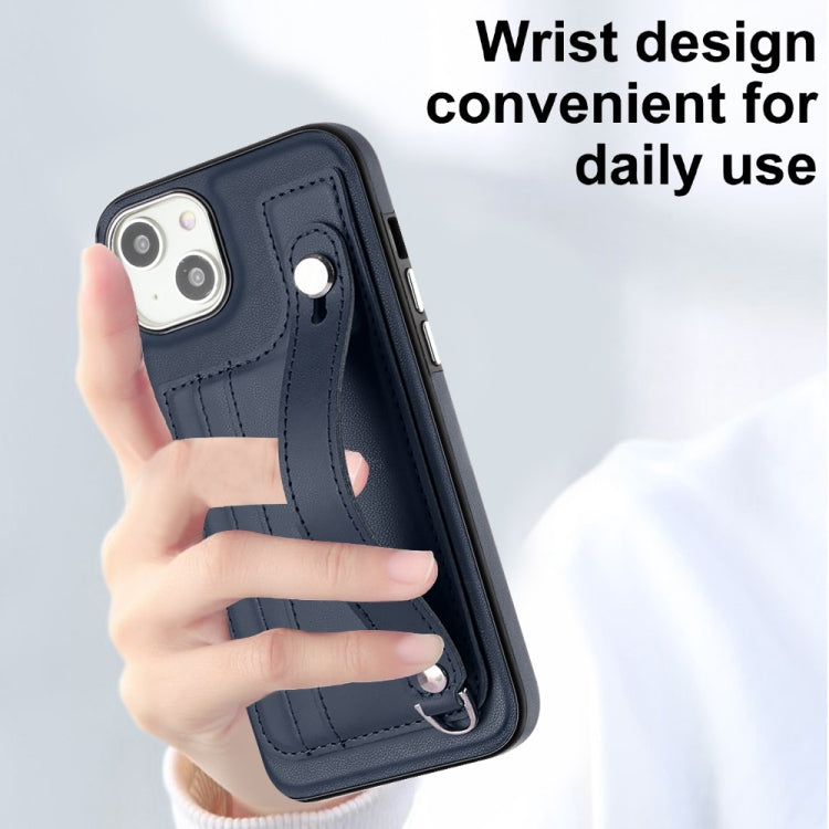 For iPhone 15 Plus Shockproof Leather Phone Case with Wrist Strap(Blue) - free shipping - PMC TechLife - Order now!