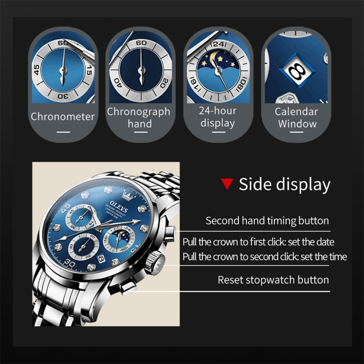 OLEVS 2889 Men Multifunctional Luminous Waterproof Quartz Watch(Blue) - Metal Strap Watches by OLEVS | Online Shopping South Africa | PMC Jewellery