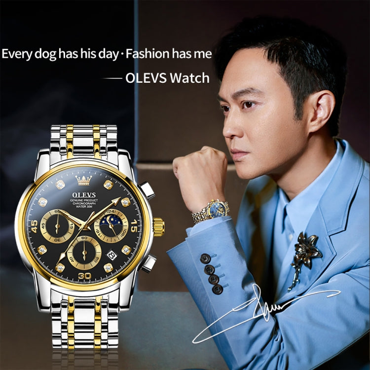 OLEVS 2889 Men Multifunctional Luminous Waterproof Quartz Watch(Black + Gold) - Metal Strap Watches by OLEVS | Online Shopping South Africa | PMC Jewellery | Buy Now Pay Later Mobicred