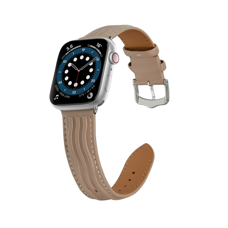 Embossed Line Genuine Leather Watch Band For Apple Watch 8 45mm(Milky Brown) - Watch Bands by PMC Jewellery | Online Shopping South Africa | PMC Jewellery