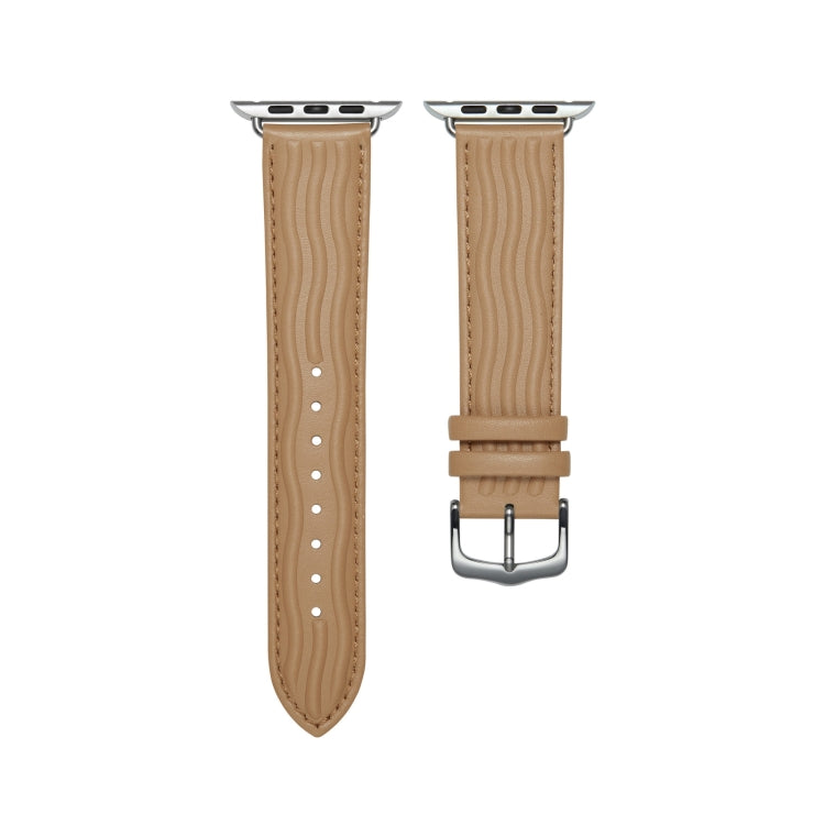 Embossed Line Genuine Leather Watch Band For Apple Watch 7 41mm(Khaki) - Watch Bands by PMC TechLife | Online Shopping South Africa | PMC TechLife