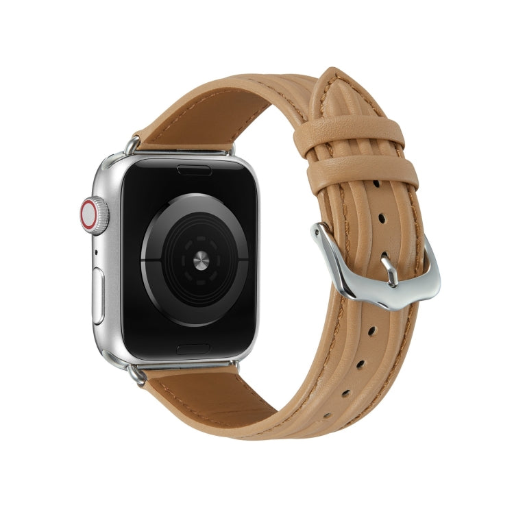 Embossed Line Genuine Leather Watch Band For Apple Watch 7 41mm(Khaki) - Watch Bands by PMC TechLife | Online Shopping South Africa | PMC TechLife