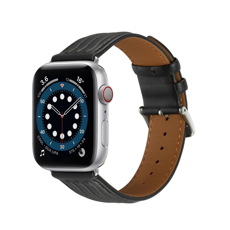 Embossed Line Genuine Leather Watch Band For Apple Watch 7 45mm(Black) - Watch Bands by PMC TechLife | Online Shopping South Africa | PMC TechLife
