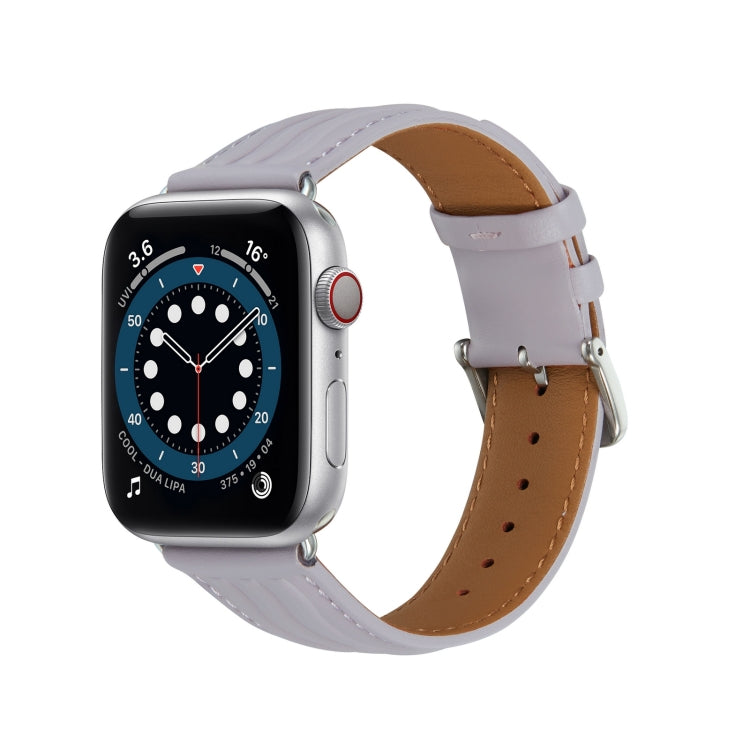 Embossed Line Genuine Leather Watch Band For Apple Watch 7 45mm(Lavender Purple) - Watch Bands by PMC Jewellery | Online Shopping South Africa | PMC Jewellery