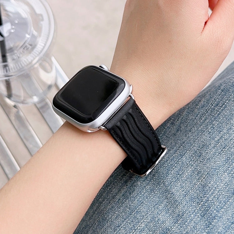 Embossed Line Genuine Leather Watch Band For Apple Watch SE 44mm(Black) - Watch Bands by PMC TechLife | Online Shopping South Africa | PMC TechLife