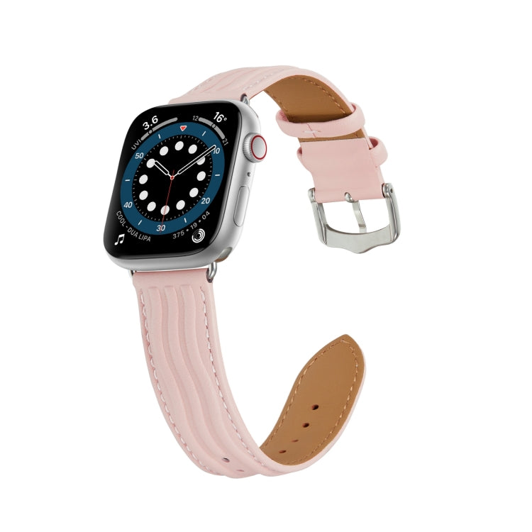 Embossed Line Genuine Leather Watch Band For Apple Watch 6 40mm(Pink) - Watch Bands by PMC TechLife | Online Shopping South Africa | PMC TechLife