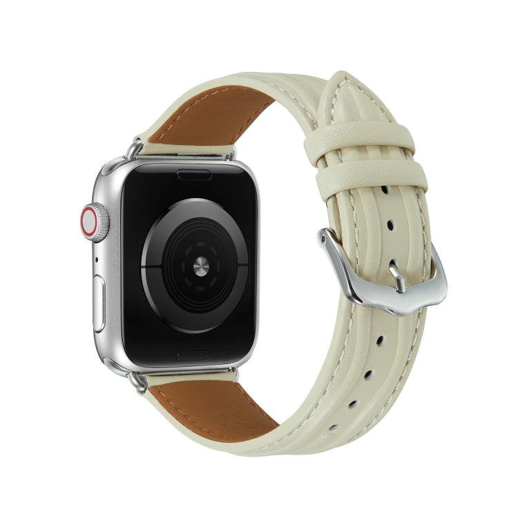 Embossed Line Genuine Leather Watch Band For Apple Watch 6 40mm(Milky White) - Watch Bands by PMC TechLife | Online Shopping South Africa | PMC TechLife