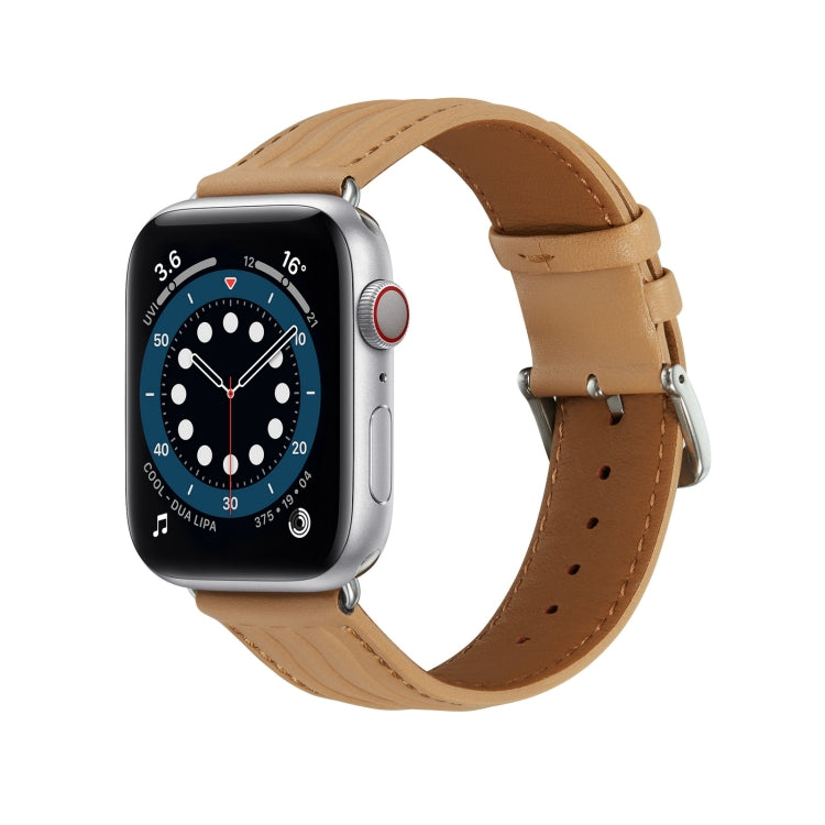 Embossed Line Genuine Leather Watch Band For Apple Watch 6 44mm(Khaki) - Watch Bands by PMC TechLife | Online Shopping South Africa | PMC TechLife