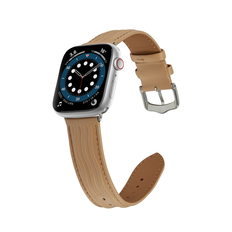 Embossed Line Genuine Leather Watch Band For Apple Watch 6 44mm(Khaki) - Watch Bands by PMC TechLife | Online Shopping South Africa | PMC TechLife
