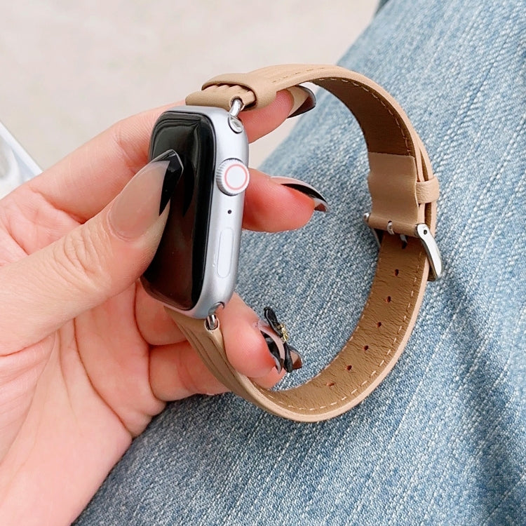 Embossed Line Genuine Leather Watch Band For Apple Watch 6 44mm(Khaki) - Watch Bands by PMC TechLife | Online Shopping South Africa | PMC TechLife